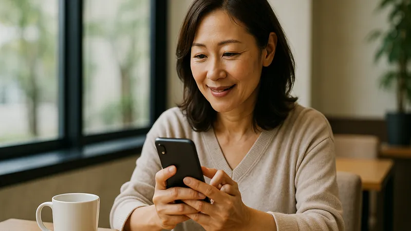 スマホを見つめる中年女性がカフェで出会いを想像する様子