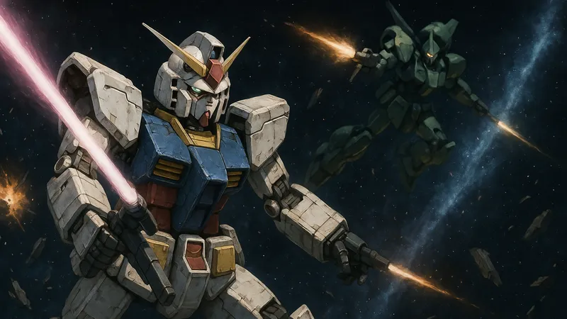 宇宙空間でビームサーベルと銃撃を繰り広げる白と青のガンダムと緑のモビルスーツの戦闘シーン