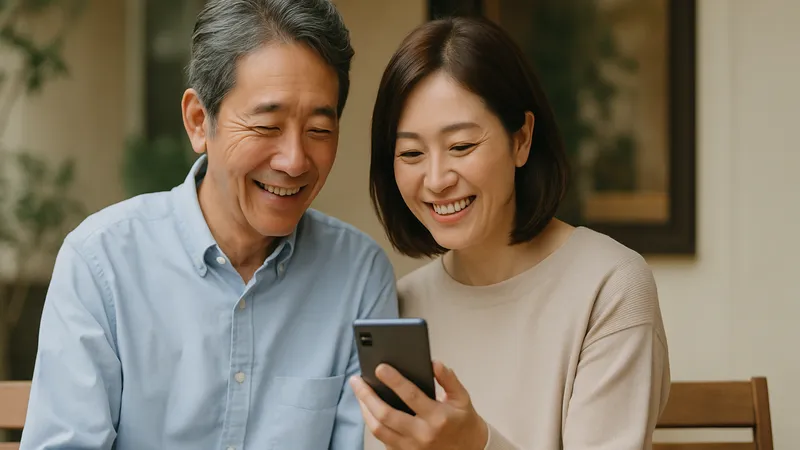 スマートフォンを一緒に見て笑顔を交わす中年男女カップル、ベンチでくつろぐ様子