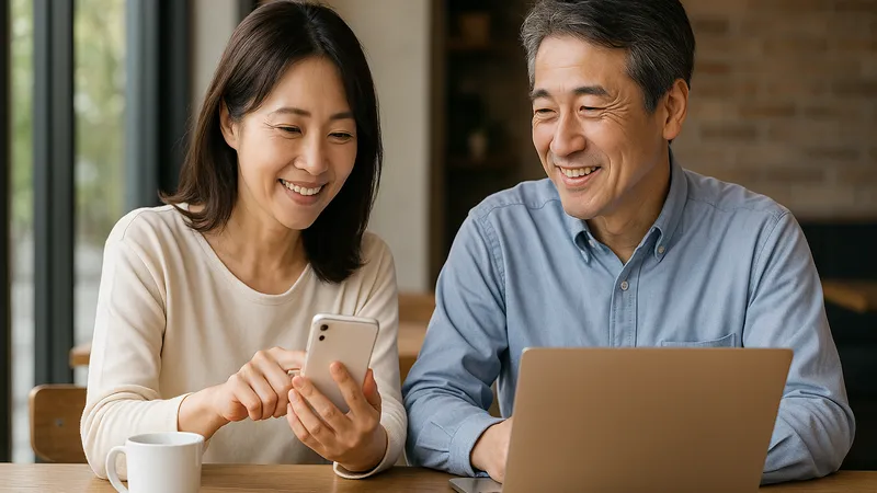 カフェでスマホとパソコンを使って出会い系アプリを楽しむ中年男女カップル