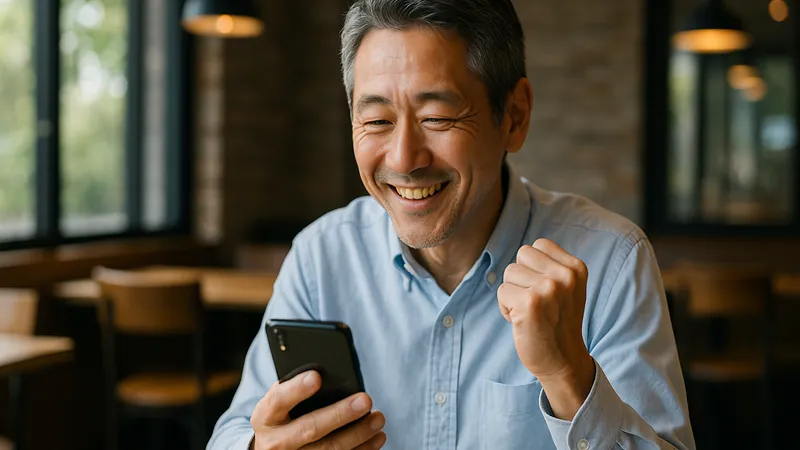 スマホを見て無料ポイントを喜ぶ中年男性、カフェでの自然な笑顔