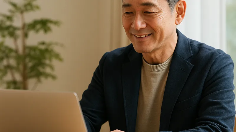 ノートパソコンでマッチングサイトを利用する中年男性の笑顔