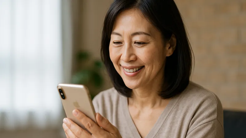 スマホを見ながら笑顔を見せる中年女性、室内の柔らかな光に包まれている様子