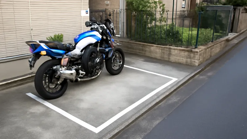 バイクが停められた駐車スペースのクローズアップ。
