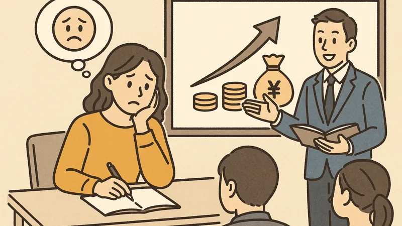 お金の不安を抱えながら講座を受講する女性のイラスト