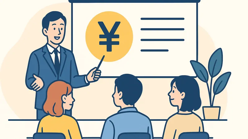 お金の教養講座で説明する講師と受講する初心者たちのイラスト