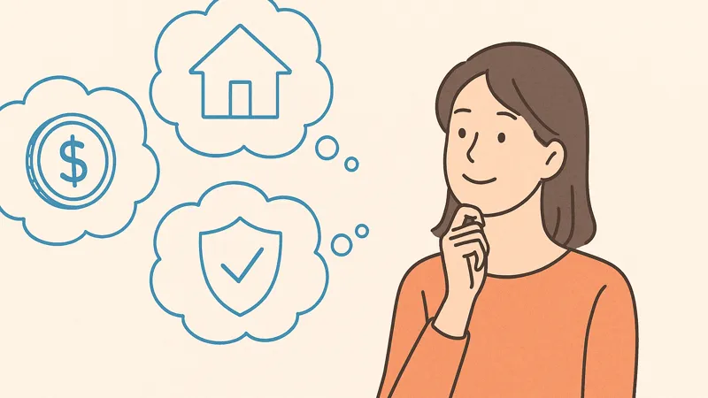 お金・住まい・安心について考える女性のイラスト