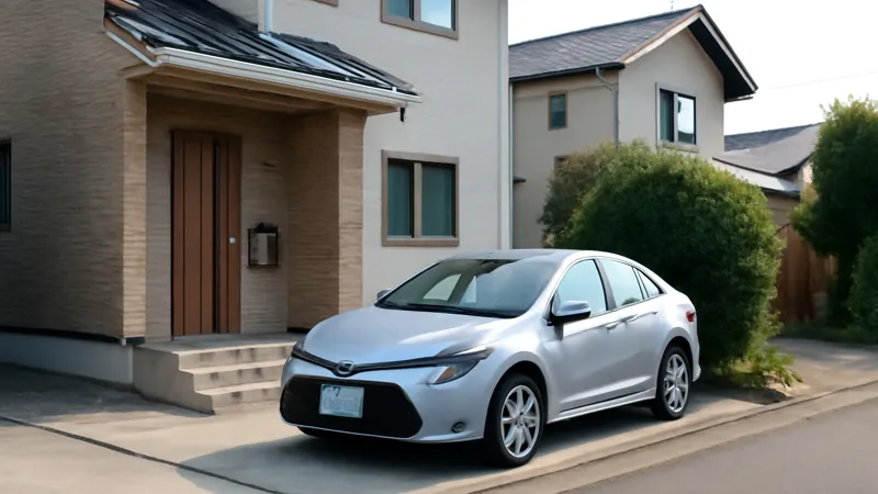 郊外の二階建て住宅とその前に駐車された車。