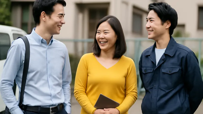 3人の人物が集まり、笑顔で話しているシーン。