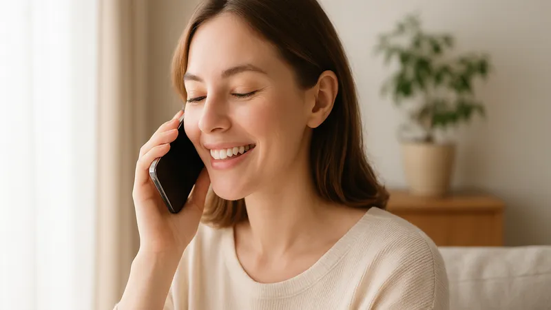 笑顔で電話する女性の様子（リラックスした室内）
