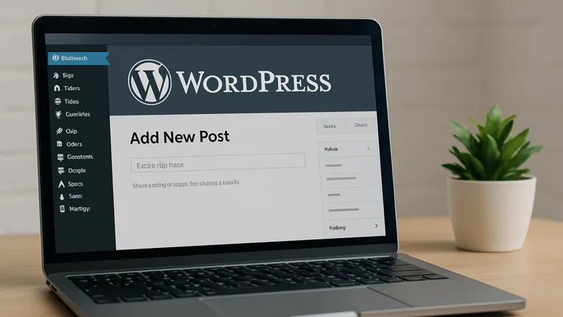 WordPressの投稿画面を開いたノートパソコンとデスク上の観葉植物