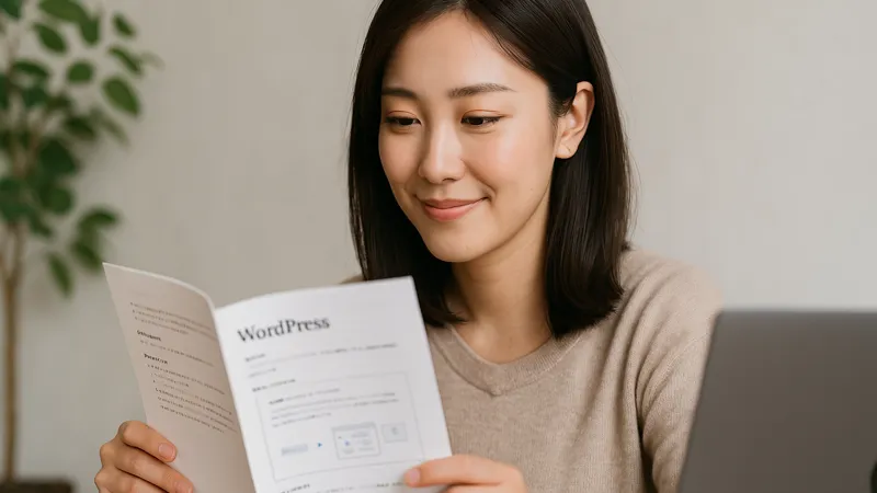 WordPressのマニュアルを読んで安心した表情を見せる初心者女性