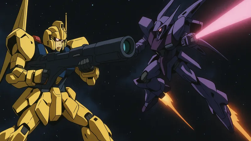 Zガンダムの百式がメガ・バズーカ・ランチャーを装備し、メッサーラと宇宙空間で激しい戦闘を繰り広げるアニメ風イラスト