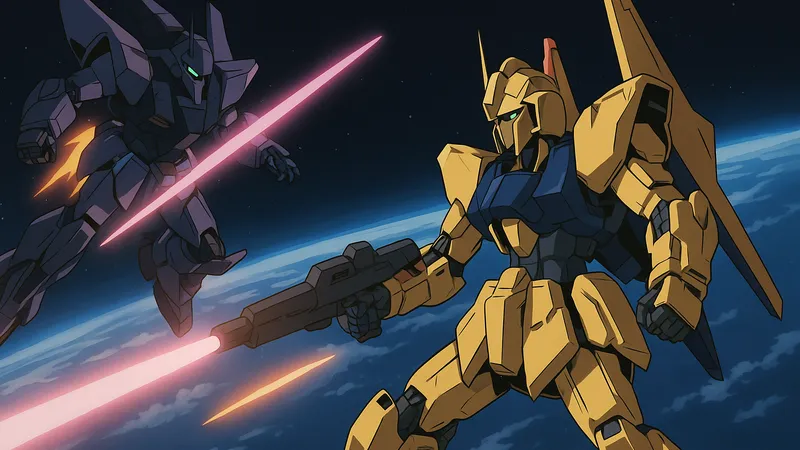 Zガンダムの大気圏突入時、百式とメッサーラが宇宙と地球の境界で戦うアニメ風イラスト