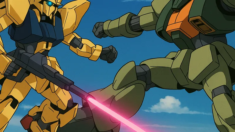 Zガンダムの百式とアッシマーが青空の下で激しい空中戦を繰り広げるアニメ風イラスト