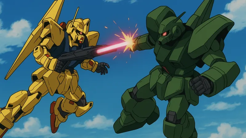 Zガンダムの百式が青空の下でギャプランと激しい空中戦を繰り広げるアニメ風イラスト