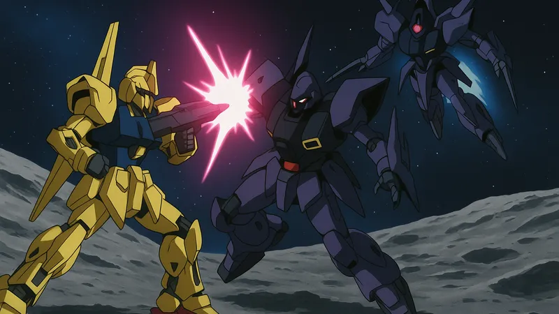 Zガンダムの月面での戦闘シーン。金色のモビルスーツが紫の敵にビームを放つアニメ風イラスト