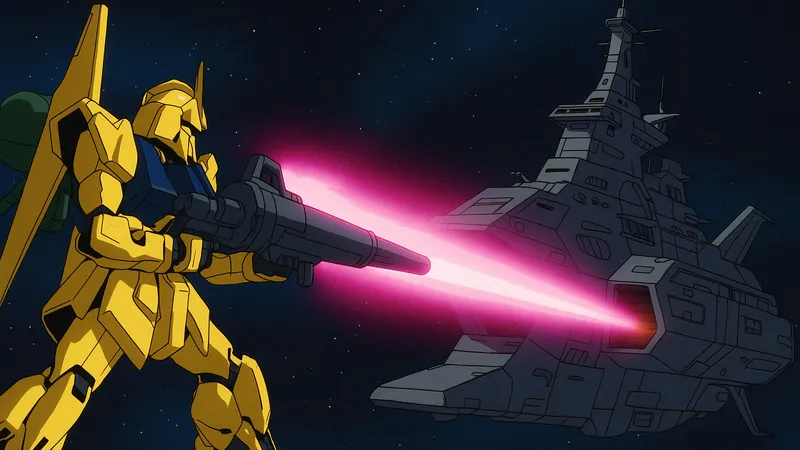 Zガンダムの百式が宇宙でメガ・バズーカ・ランチャーを構え、巨大なドゴス・ギアに攻撃を仕掛けるアニメ風イラスト