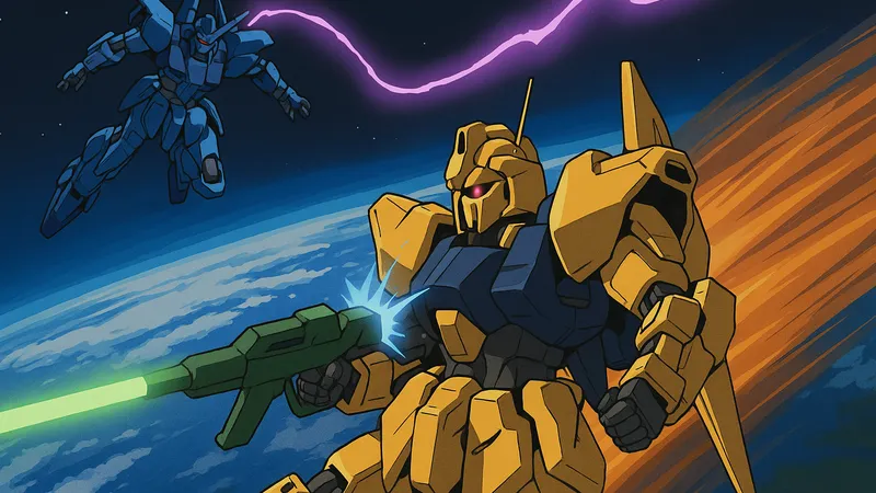 Zガンダムの百式とΖガンダムが大気圏突入中に激しい戦闘を繰り広げるアニメ風イラスト