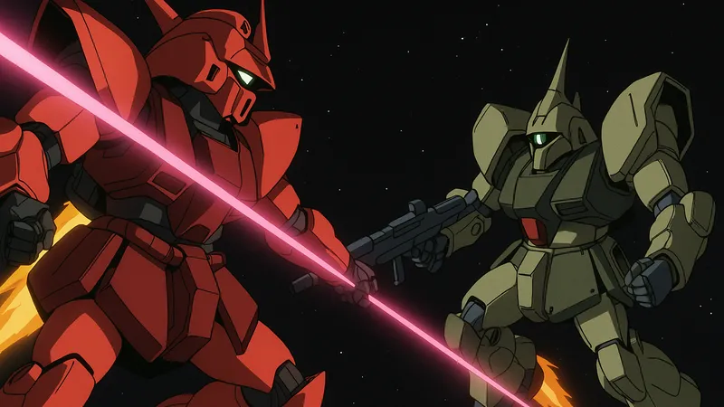 Zガンダムの赤いリック・ディアスとガルバルディβが宇宙空間で戦うアニメ風イラスト