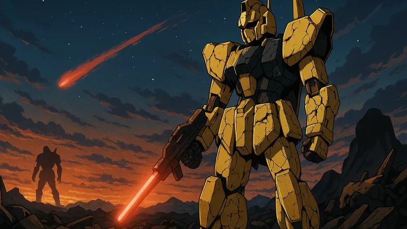 Zガンダムの百式が夕焼けの荒野に立ち、背後に赤い彗星が流れるアニメ風イラスト