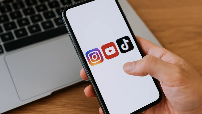 ノートパソコンの前で、Instagram・YouTube・TikTokのアイコンが表示されたスマートフォンを操作している手元の写真