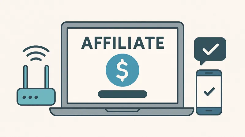 AFFILIATEの文字が表示されたノートパソコンと、チェックマーク付きのスマートフォン・Wi-Fiルーターが並ぶアフィリエイトの開始を象徴するイラスト