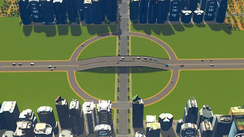 Cities:Skylines（PCゲーム）で地区間にジャンクションを敷設した様子