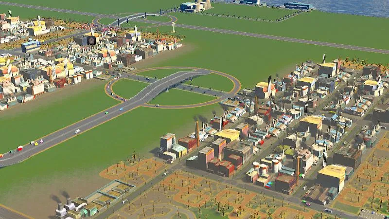 Cities:Skylines（PCゲーム）で産業区画の間にジャンクションを挿入した様子