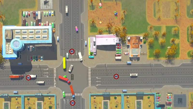 Cities:Skylines（PCゲーム）で片側3車線の道路から信号をなくした様子