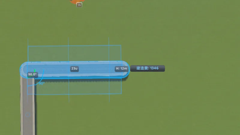 Cities:Skylines（PCゲーム）で敷設する道路の長さと角度を表示した様子
