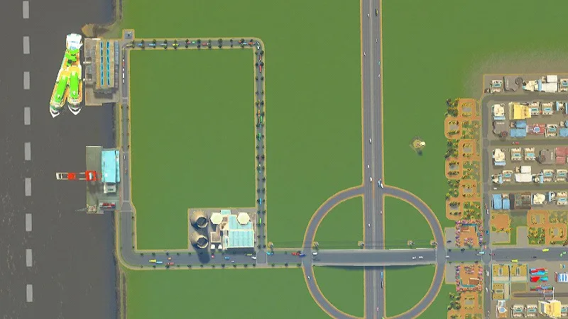 Cities:Skylines（PCゲーム）で貨物港と産業区画を離して設置した様子