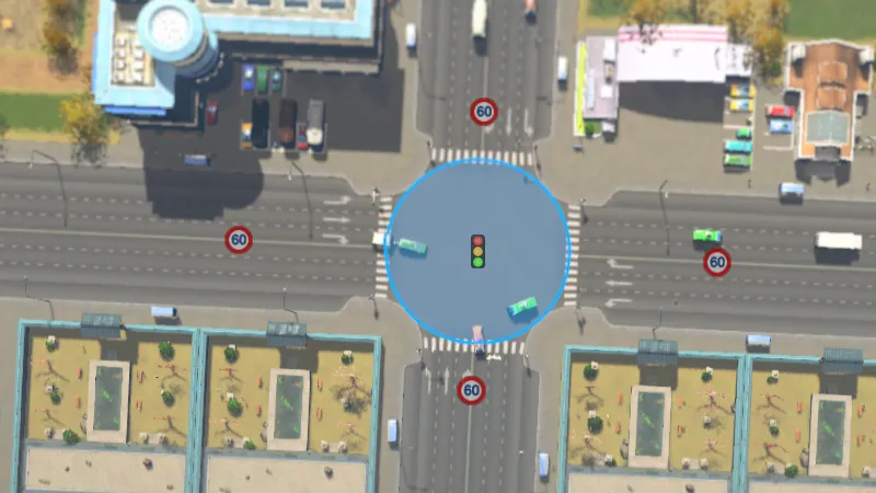 Cities:Skylines（PCゲーム）で交差点の道路規制を設定している様子