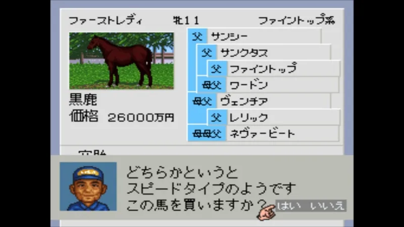 ダビスタ3（スーファミ）の繁殖牝馬ファーストレディの血統と牧場長のコメント