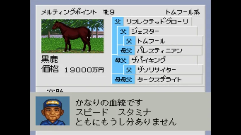 ダビスタ3（スーファミ）の繁殖牝馬メルティングポイントの血統と牧場長のコメント