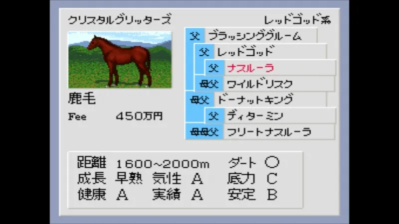 ダビスタ3（スーファミ）で種付け時にナスルーラのインブリードが発生した表示