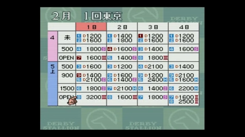 ダビスタ3（スーファミ）の2月1回東京のレース番組表