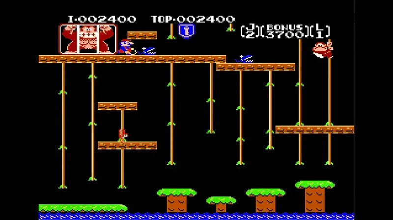 ドンキーコングJr.（ファミコン）の1面で右端の安全地帯に避難している様子