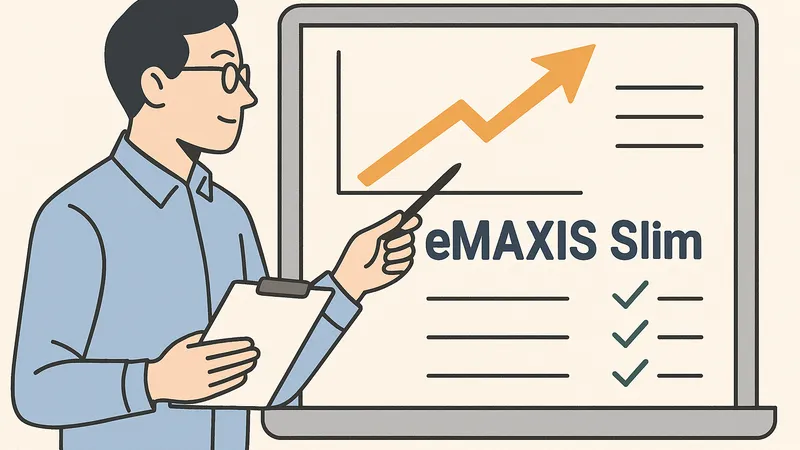 eMAXIS Slimでポートフォリオを構成する最適解を説明する男性と上昇グラフのイラスト