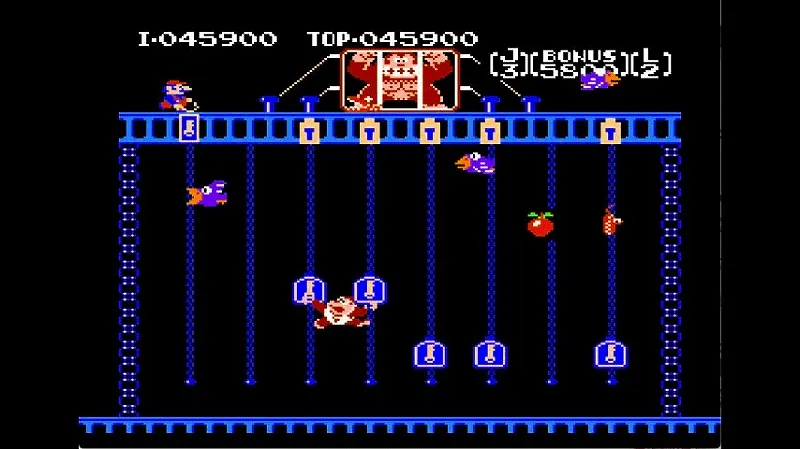 【FC】ドンキーコングJR.の4面で鍵を両手で運んでいる様子