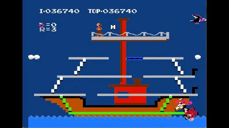 【FC】ポパイの3面でBGM終了直前にブルートを右パンチで吹っ飛ばしている様子