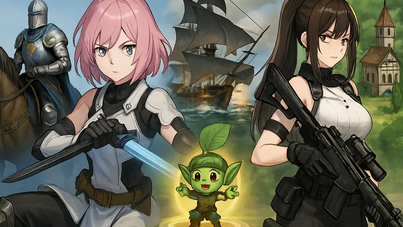 無料で遊べるPCゲーム8選をイメージしたビジュアル。剣を構えた少女、銃を持つ女性兵士、海戦シーン、可愛いキャラクターなど、ジャンルの異なるゲームを象徴する構成