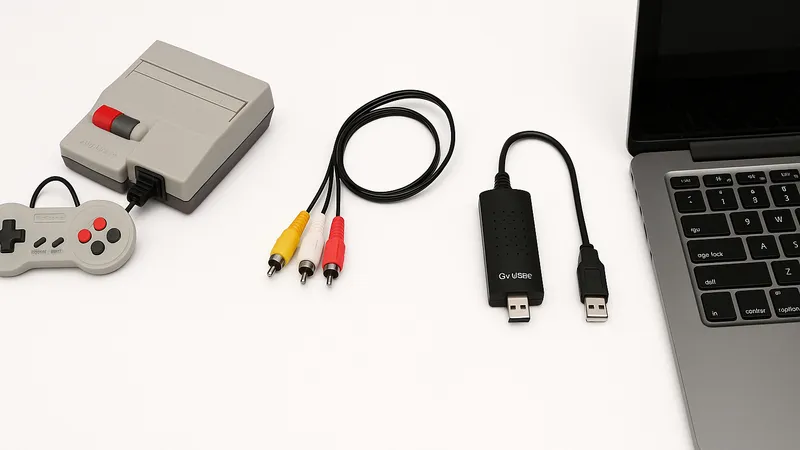 実機のゲーム機、AVケーブル、GV-USB2、ノートPCが並んだ接続前の状態を示す写真風イメージ