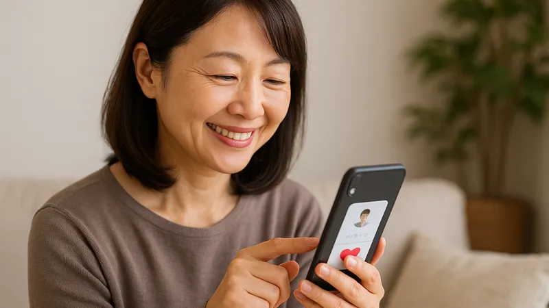 スマホでマッチングアプリを操作する日本人中年女性。華の会メールの利用シーンをイメージした写真。
