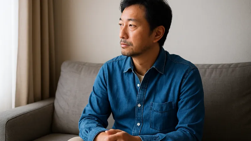ソファに座り、遠くを見つめる日本人中年男性。出会いの減少に思いを巡らせる様子。