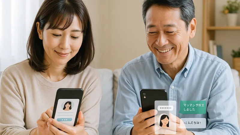 スマホを操作してマッチングアプリを利用する日本人中高年カップル。登録からやり取りまでの流れをイメージした写真。