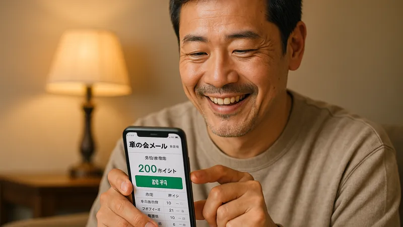 スマホで華の会メールのポイント画面を確認して安心した表情の日本人中年男性。料金体系と無料特典を象徴する写真。