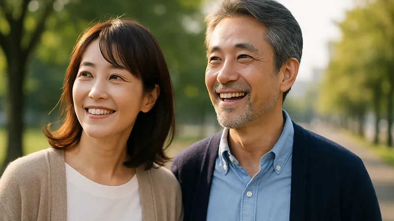 公園で笑顔を見せる日本人中高年カップルの写真。華の会メールでの出会いに期待を込めたまとめ用イメージ。