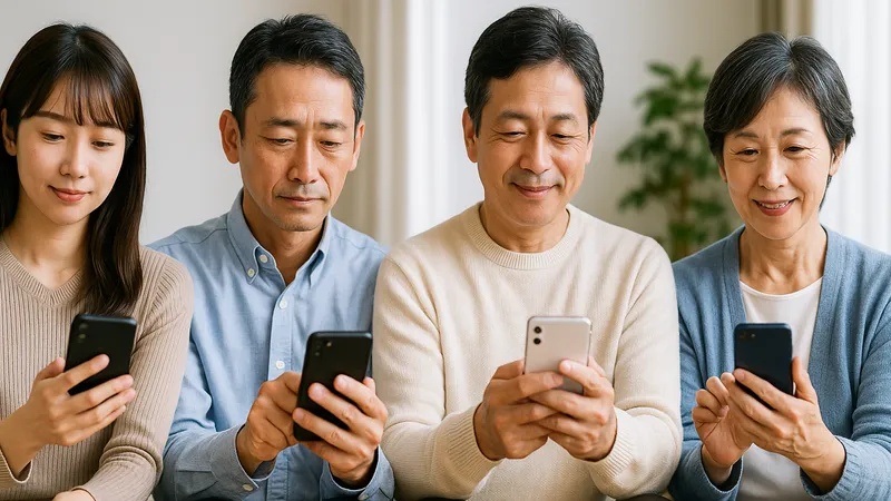 スマホを操作する30代〜60代の日本人男女4人が横並びで座っている写真。華の会メールの多様な利用者層を表現。