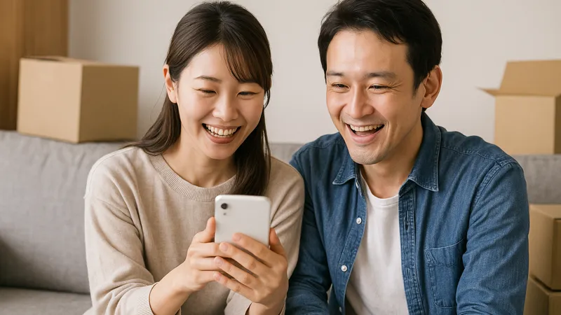 引越しの見積もり結果をスマホで確認して笑顔を見せる日本人カップルの写真